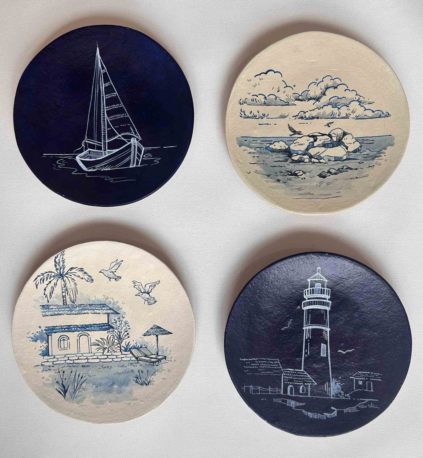 Marine themed painted plates wall Decor Set of 4