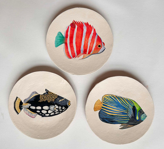Vibrant Fish themed wall decor painted plates Set of 3