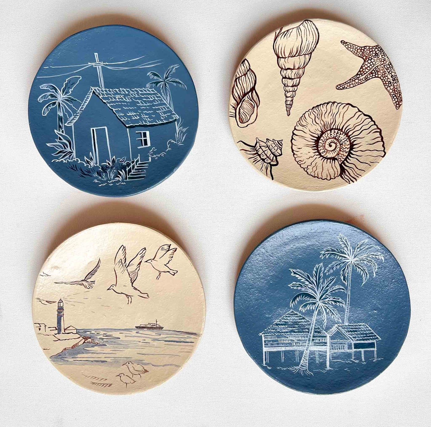 Tropical beach themed wall decor hand-painted plates Set of 4