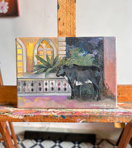 Cow and a Goan home,  7” x 5”  Acrylic on canvas