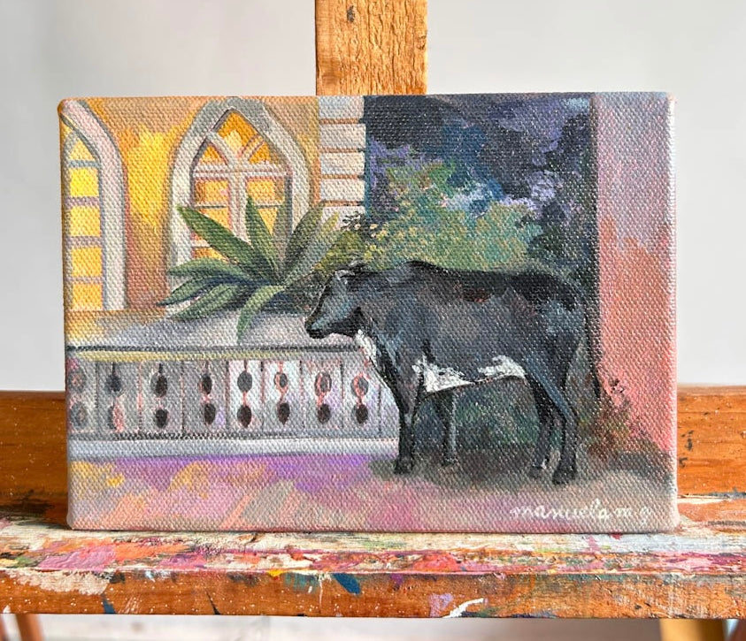 Cow and a Goan home,  7” x 5”  Acrylic on canvas